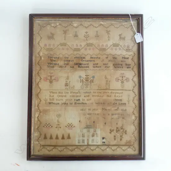 A framed antique sampler 'Virtues The Chiefest Beauty Of The Mind..' (some wear and discolouration), estimated as c.1815.  380 x 490mm...